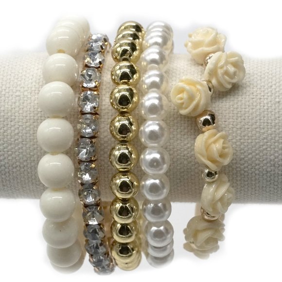 Bracelet Pearl Gold Cream Rhinestone Yellow Rose Set OS. - Picture 2 of 2